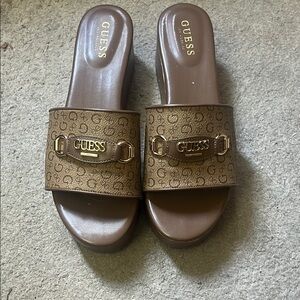 Guess Tan Monogram Slide Sandals